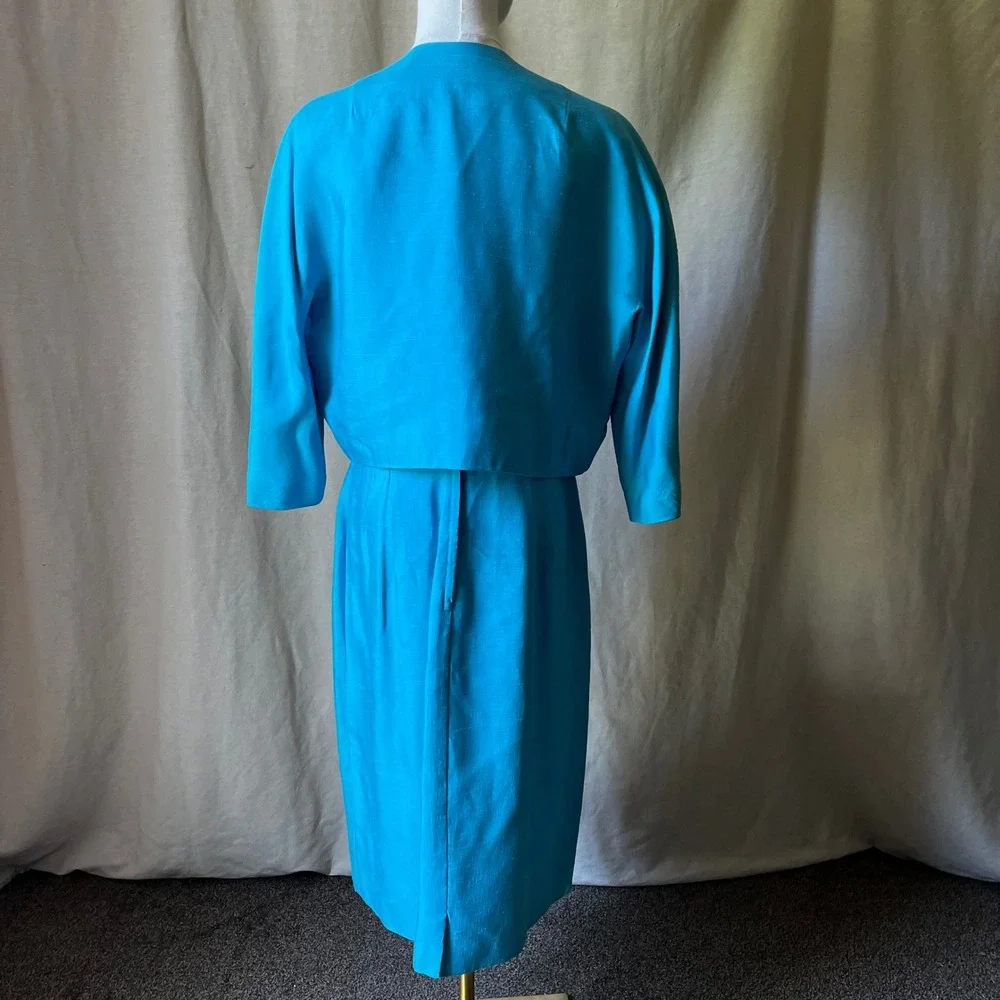 1960s Turquoise Blue‎ Lace Wiggle Dress Set Jackie O Style Matching Jacket L